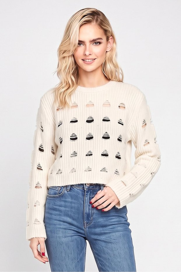 Women Crew Neck Long Sleeve Knitted Sweater, Off White