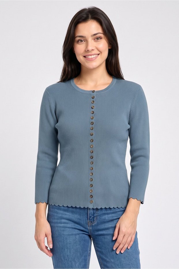 Women Round Neck Knitted Cardigan, Slate Blue
