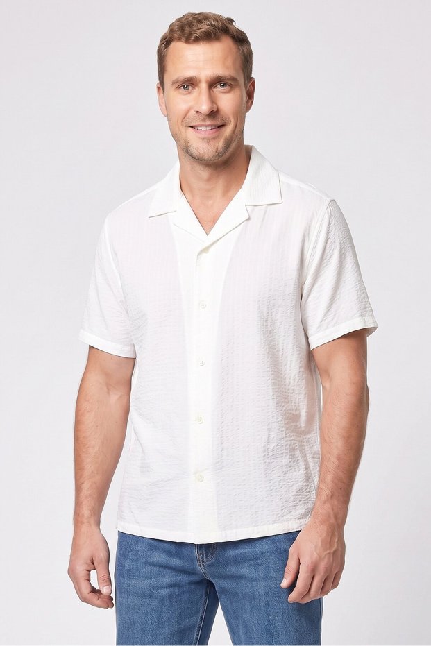 Men Regular Fit Textured Short Sleeve Casual Shirt, White