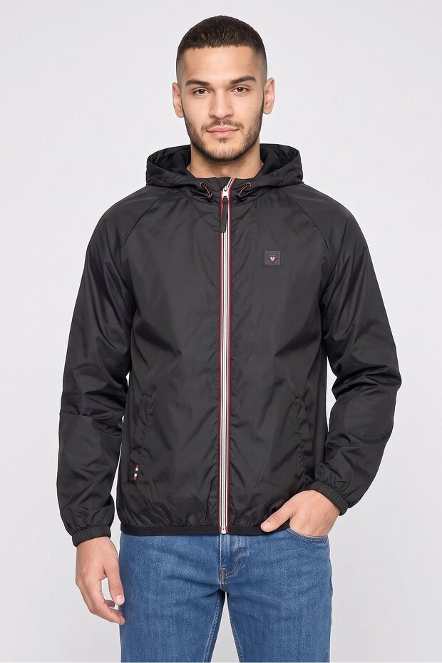 Men Embroidered Logo Windbreaker Jacket, Black