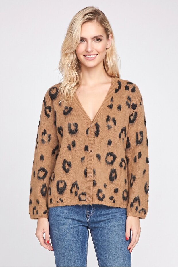 Women V Neck Animal Print Knitted Cardigan, Multicolor