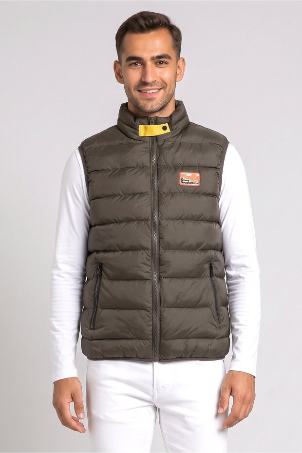 Men Quilted Puffer Jacket, Dark Khaki