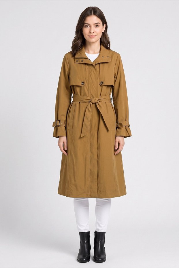 Women Solid Long Parka Jacket, Khaki