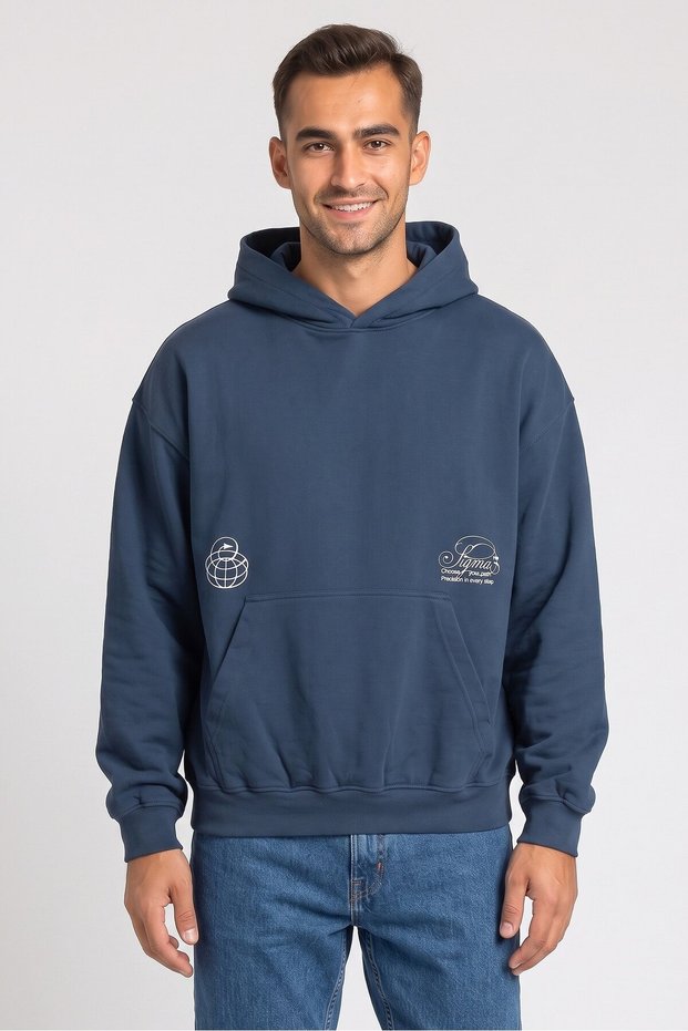 Men Hood Graphic Print Long Sleeve Hoodie, Teal Blue
