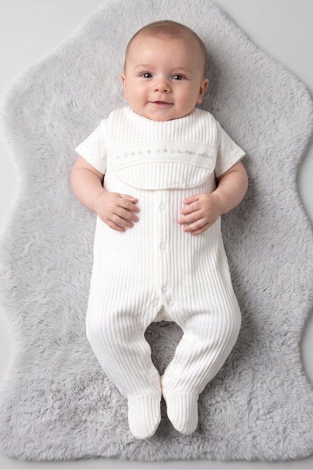 Toddlers Boy 3 Pcs Allover Print Bodysuit And Romper With Bib, White