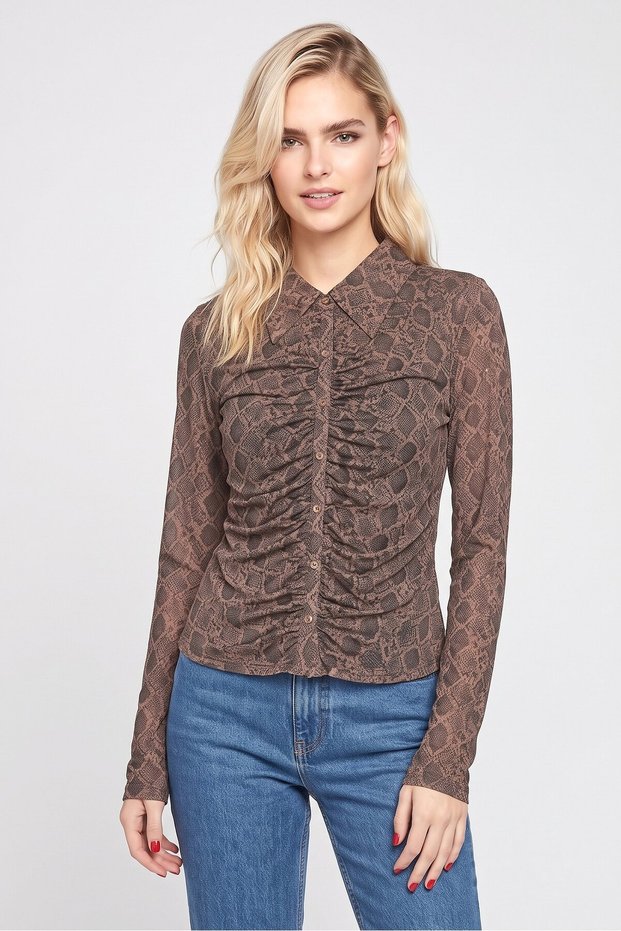 Women Pointed Collar Long Sleeve Snakeskin Shirt, Brown
