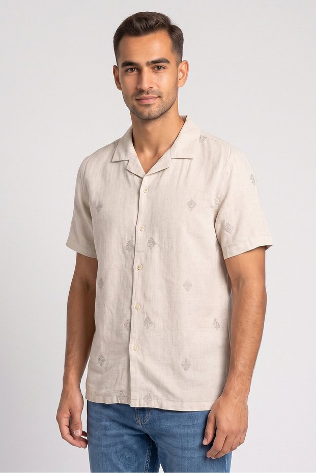 Men Regular Fit Short Sleeve Embroidered Casual Shirt, Beige