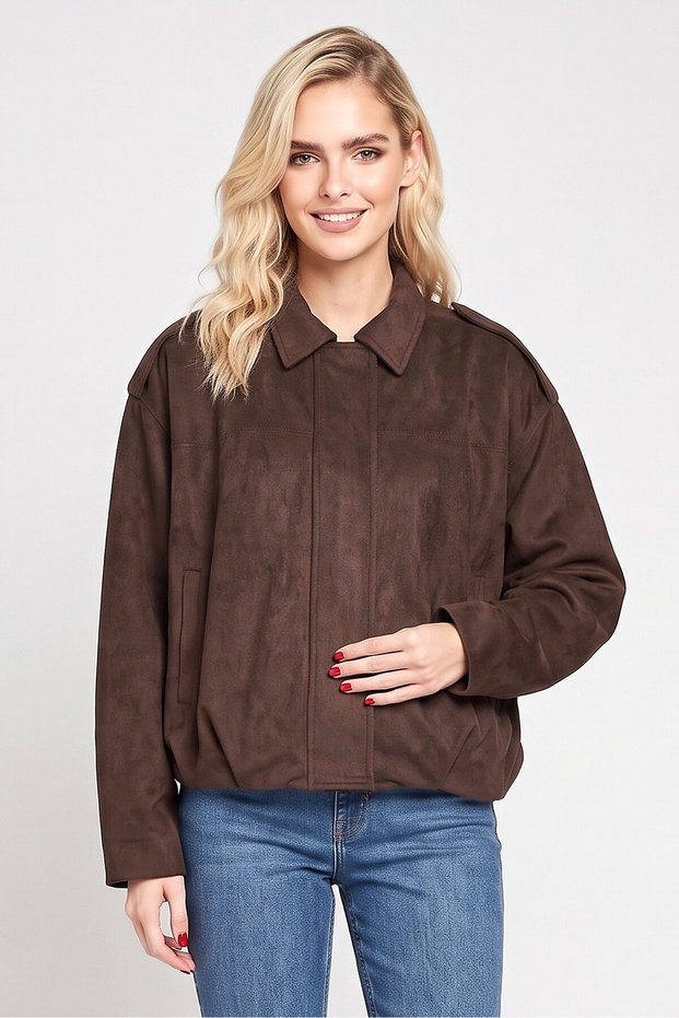 Women Solid Bomber Jacket, Dark Brown