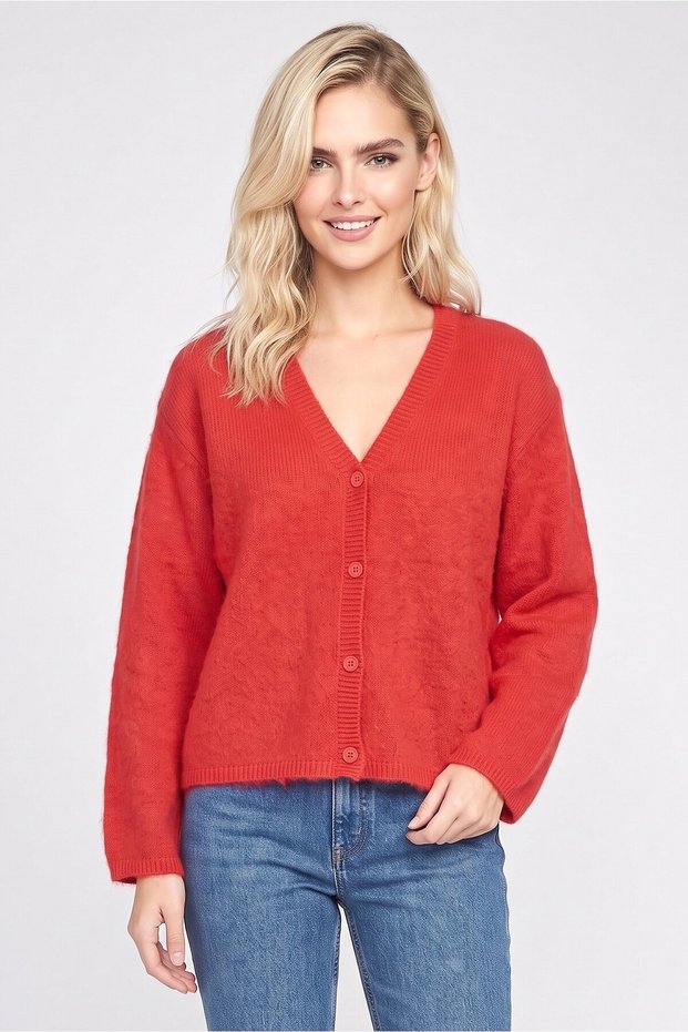 Women V-Neck Knitted Cardigan, Red