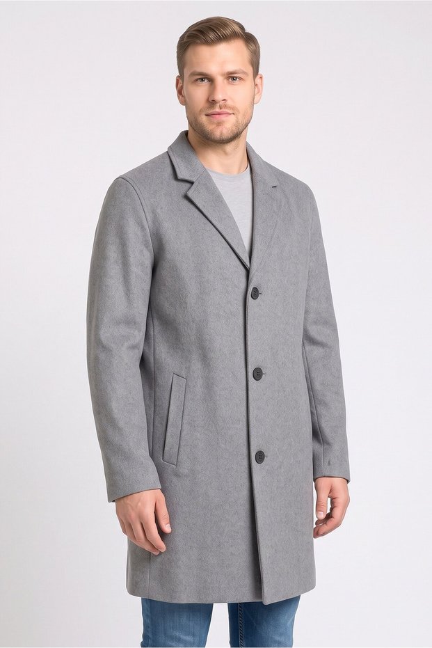 Men Plain Wool Trench Coat, Grey