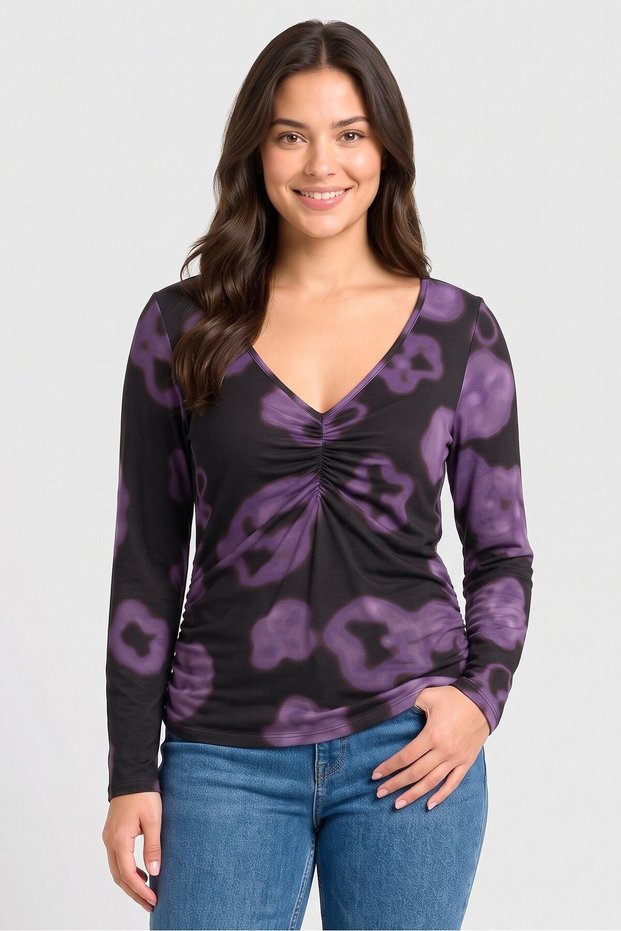 Women V-Neck Long Sleeve Graphic Print Top, Multicolor