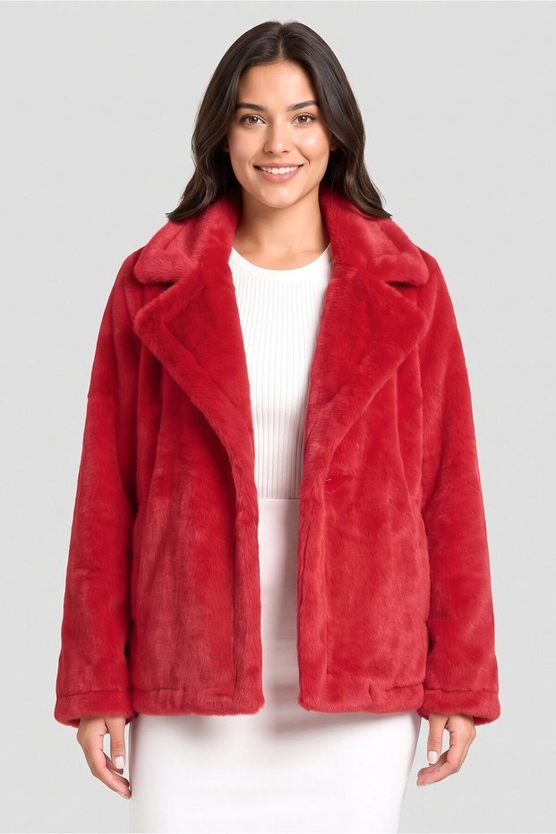 Women Textured Sherpa Jacket, Crimson Red