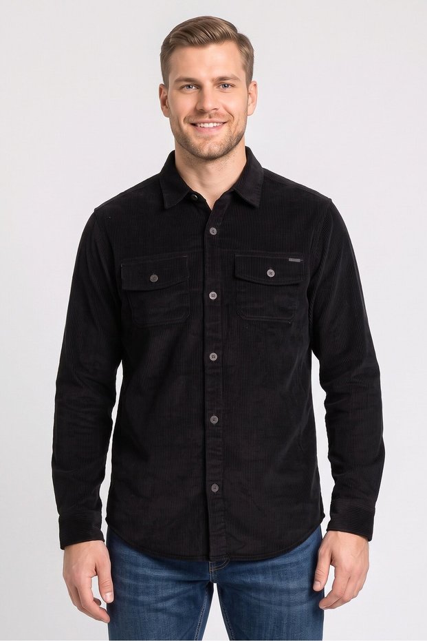 Men Corduroy Long Sleeve Shirt Jacket, Black