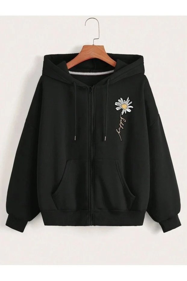Cardigan - Black Printed Winter Oversized Hooded Zippered Pocketed Cardigan Unisex Clothing