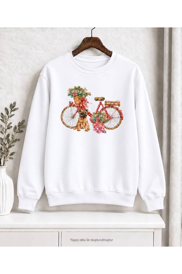 Women's Floral Bicycle and Cute Dog Graphic-Print Bicycle Crew Neck Sweatshirt - Oversized, Drapey, Relaxed-Fit Sweatshirt