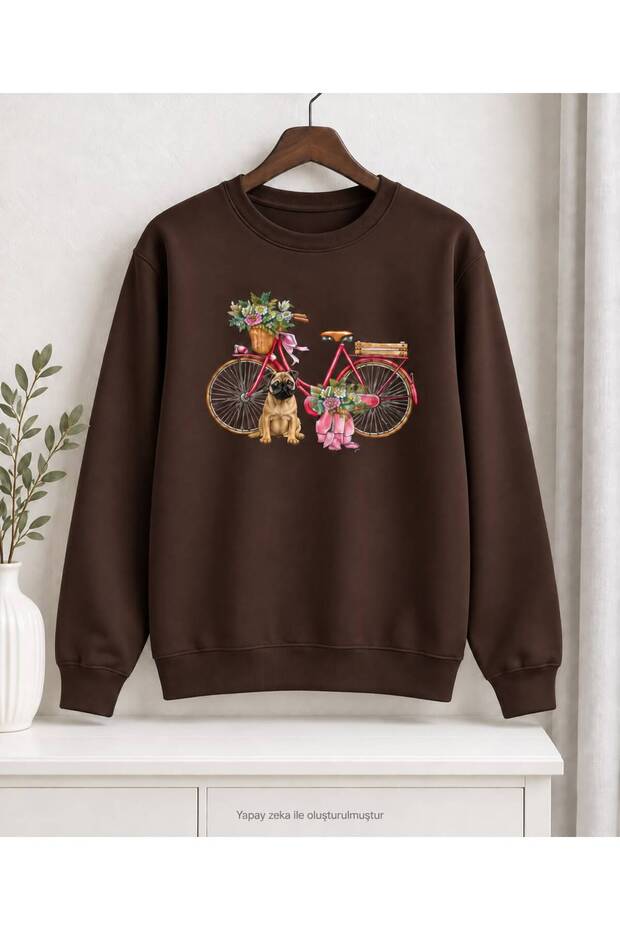 Women's Floral Bicycle and Cute Dog Graphic-Print Bicycle Crew Neck Sweatshirt - Oversized, Drapey, Relaxed-Fit Sweatshirt