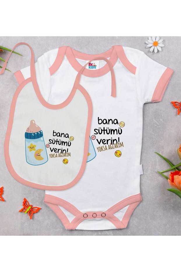 BK Kids "Give Me My Milk" Design Pink Baby Bodysuit and Bib Gift Set-1 en123476