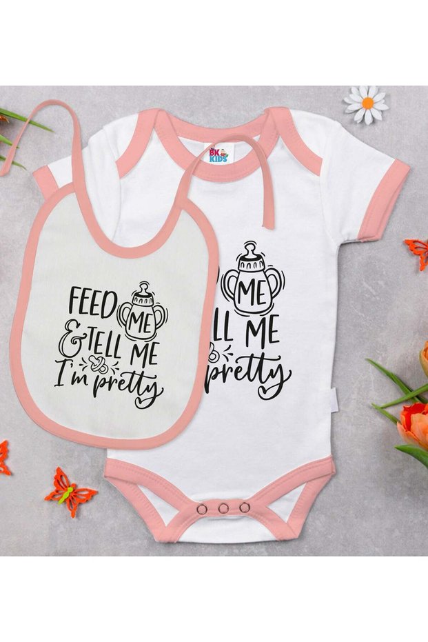 BK Kids "I'm Pretty" Design Pink Baby Bodysuit and Bib Gift Set-1