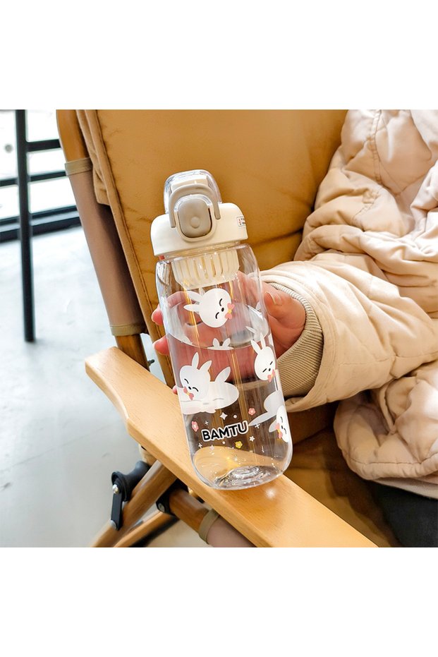 Plastic Dual Drink Straw Cup Capybara Design with Strap Student Bottle