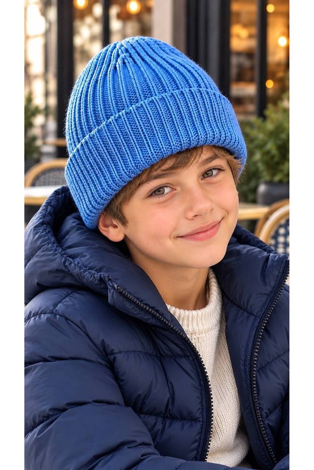Blue Soft-Textured Corded Fabric Knit Boys' Beanie, Ages 7β12