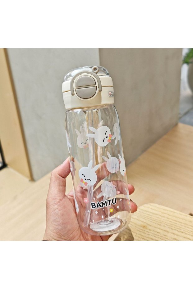 Plastic Dual Drink Straw Cup Charm Handle Kids Student Portable