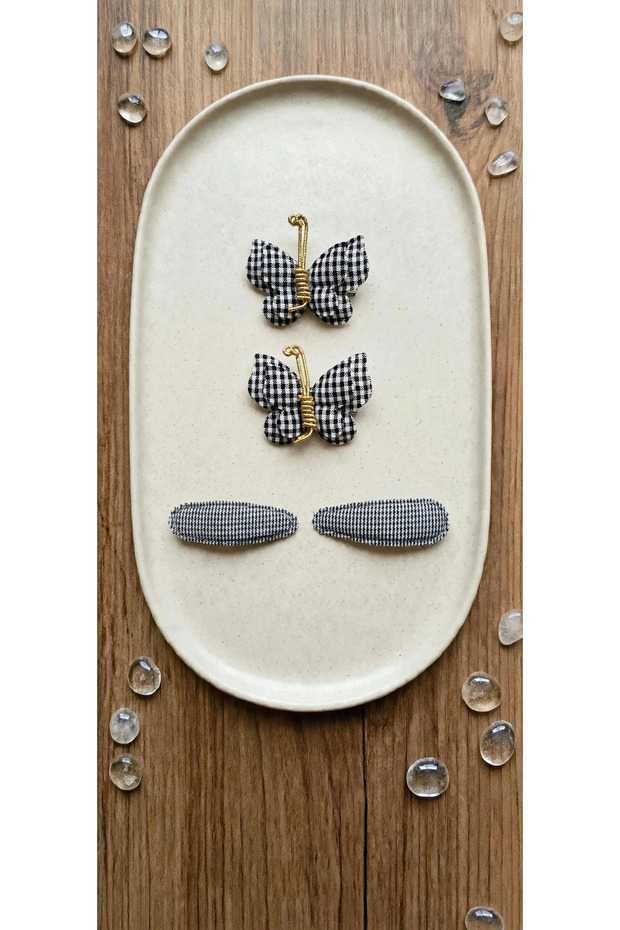 Red Gingham Butterfly and Snap Button Clip Set - Set of 4 Plaid Fabric Baby and Kids' Hair Clips