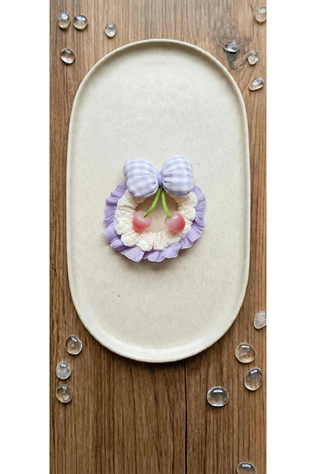 Lilac Plaid Bow Detail and Cherry-Printed Ruffled Elastic Hair Clip - Chiffon/Tulle Ruched Hair Clip for Children and Adults
