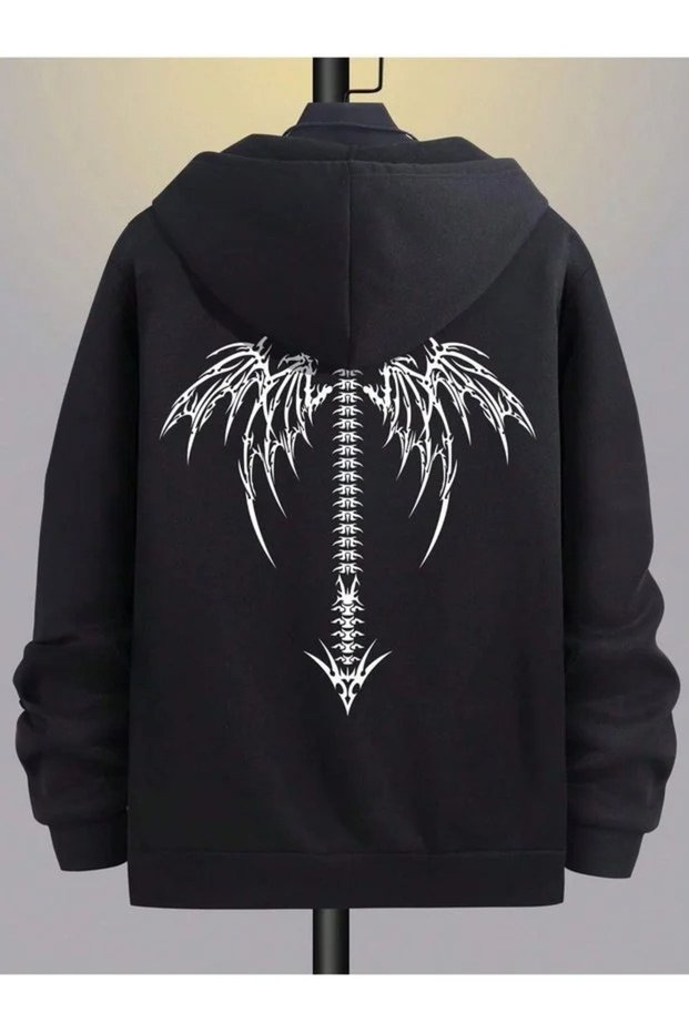 Cardigan - Black Printed Winter Oversized Hooded Zippered Pocketed Cardigan Unisex Clothing