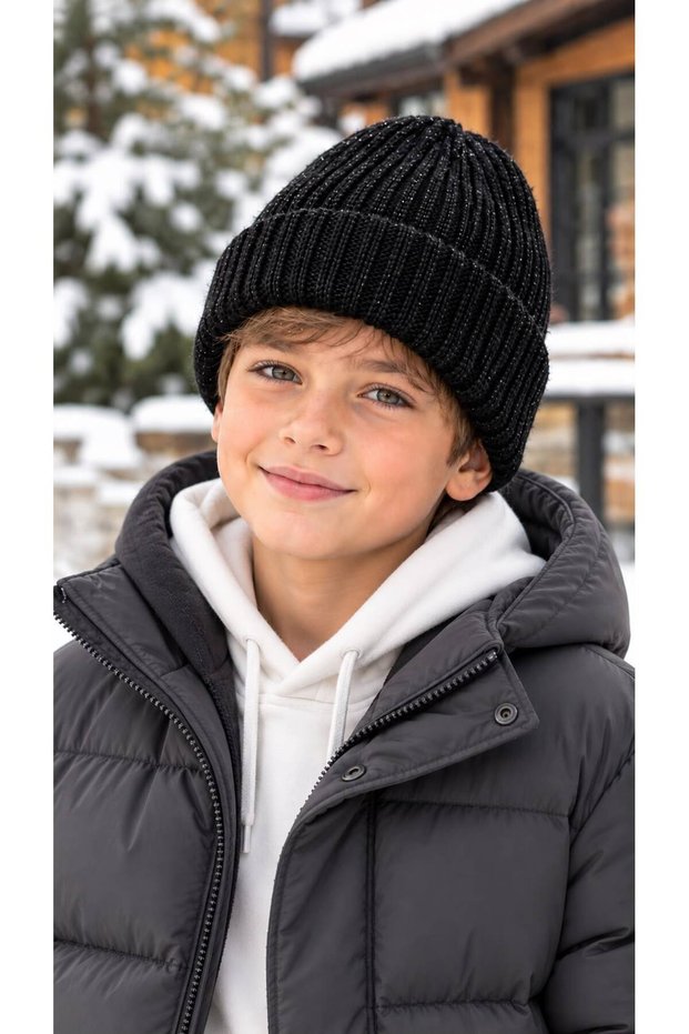 Black, Soft-Textured, Corded Fabric, Ribbed Knit Boy's Beanie, Ages 7–12