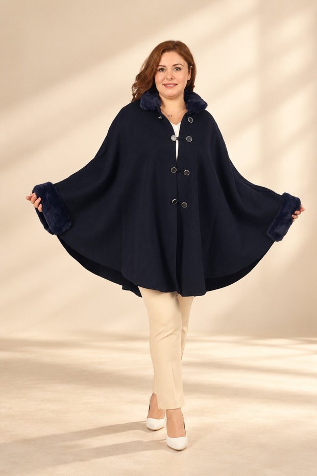 Women's Oversize Steel Knitted Poncho with Shearling Neckline and Cufflinks and Button on the Front