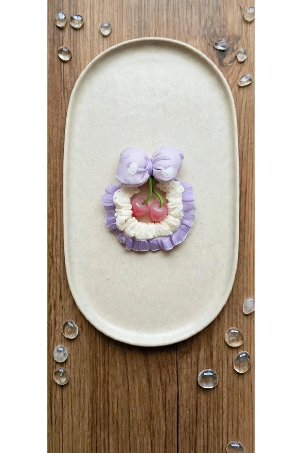 Lilac Plaid Bow Detail and Cherry-Printed Ruffled Elastic Hair Clip - Chiffon/Tulle Ruched Hair Clip for Children and Adults