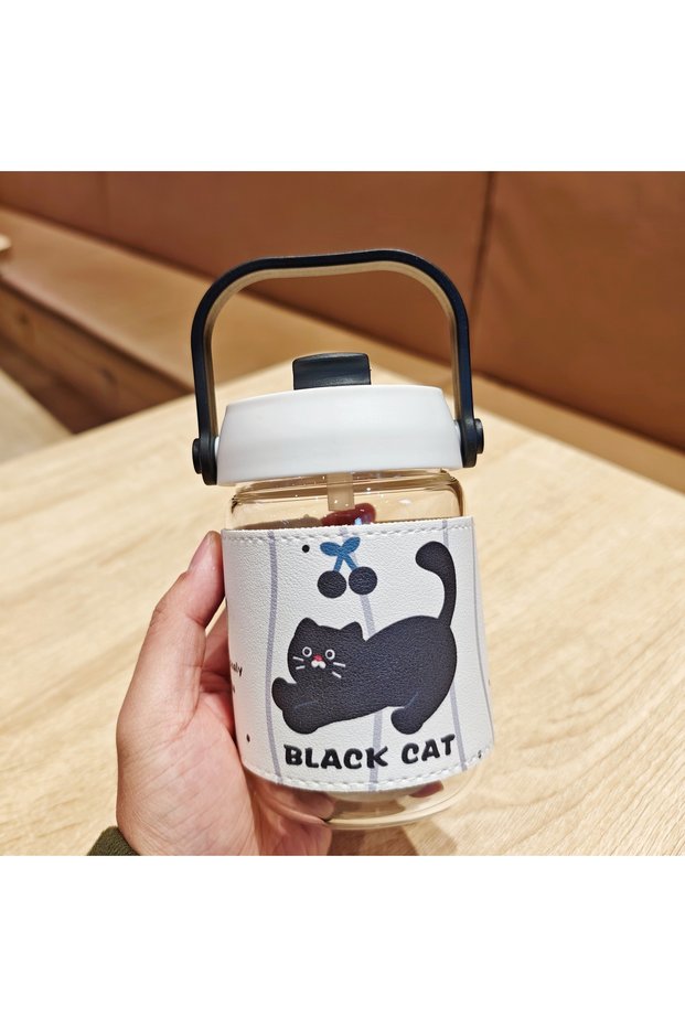 Glass Cat Straw Cup Dual Drink with Leather Sleeve Handle
