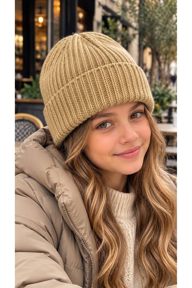 Beige Soft-Textured Corded Fabric Knit Girls' Beanie, Ages 7–12