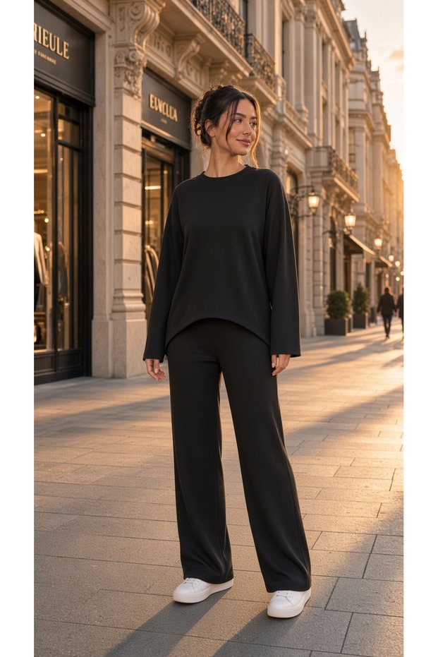 Women's Brioche Knit Oval-Cut Relaxed-Fit Top and Bottom Set