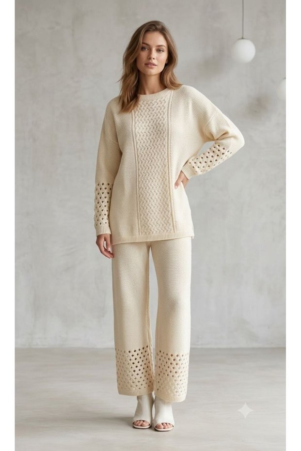 Crew Neck, Long Sleeve, Knitted, Detailed, Openwork, Long Slit Sweater and Elastic-Waist Pants Knitwear Set