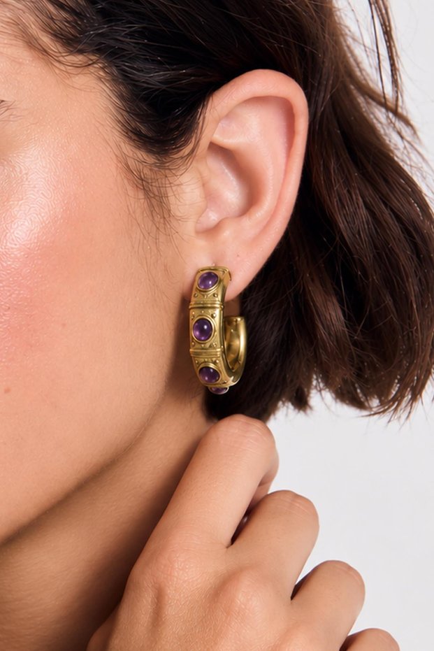 Amethyst-Detailed Steel Hoop Earrings