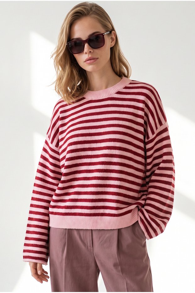 Women's Pink and Red Crew Neck Striped Sweater with Wide Sleeves KZK-19001201