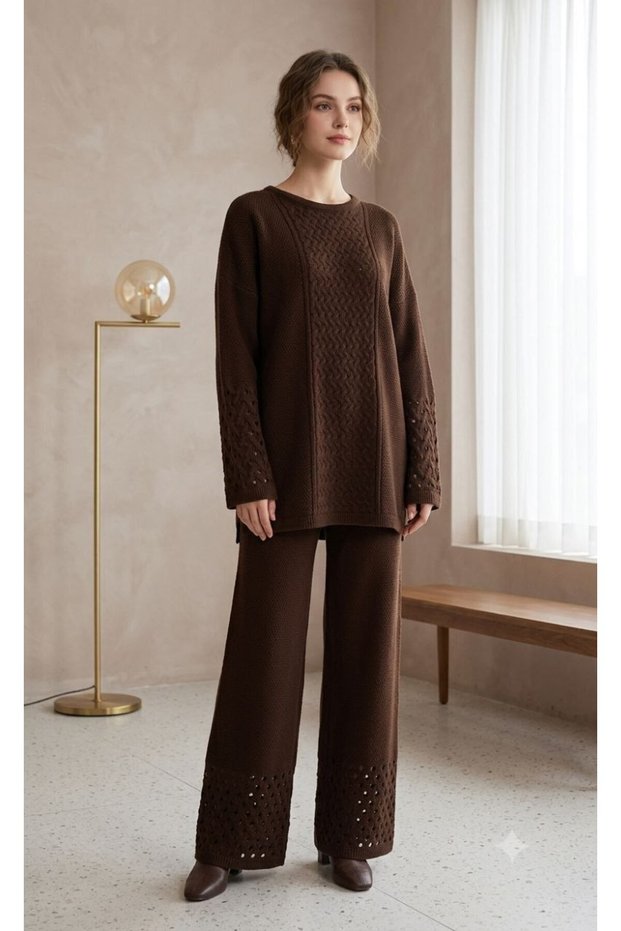 Crew Neck, Long Sleeve, Knitted, Detailed, Openwork, Long Slit Sweater and Elastic-Waist Pants Knitwear Set