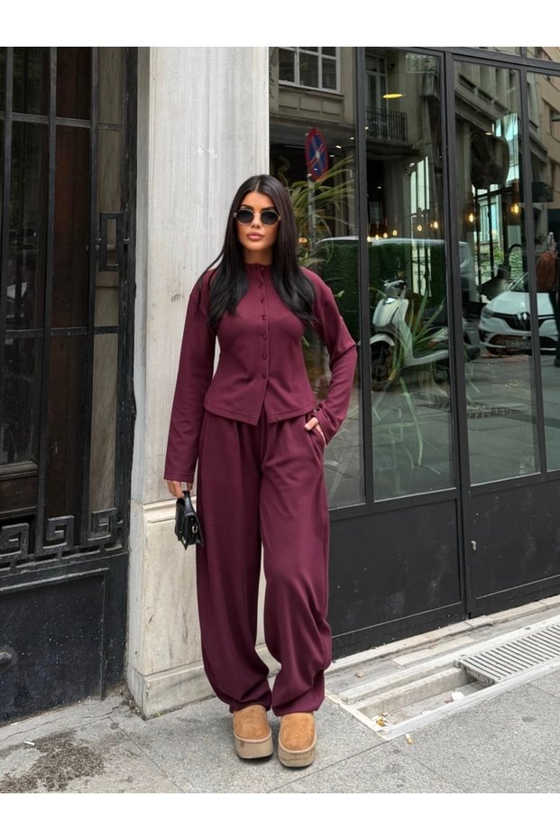 Women's Burgundy-Buttoned Brioche Knit Top and Bottom Set