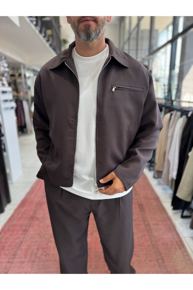 Coffee-Colored Zipper-Front Tensel Jacket TW-7015