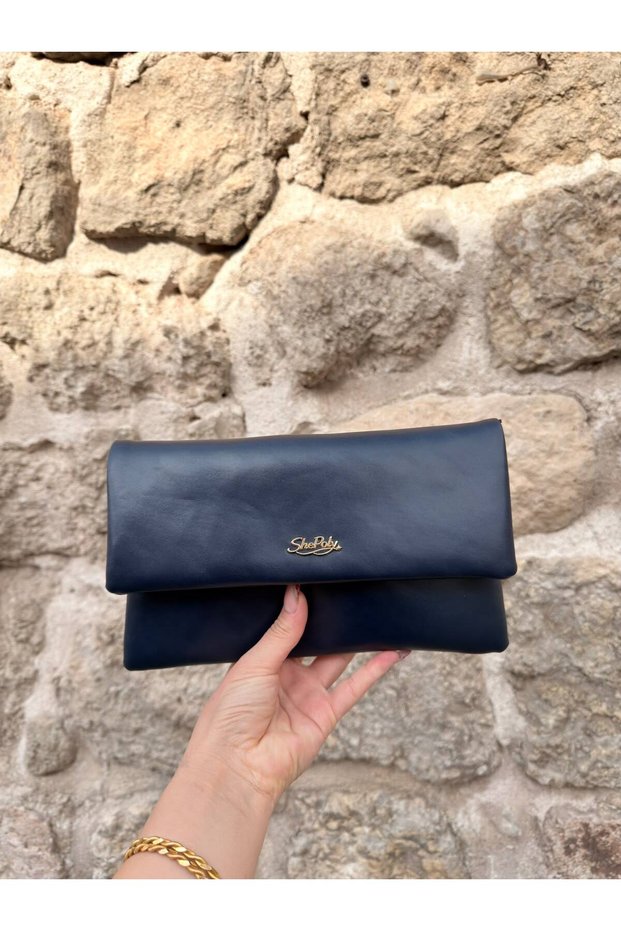 Women's Navy Blue Leather Clutch Bag with Wide Flap, Envelope Style, Elegant Clutch Bag