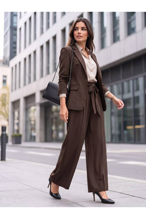Women's Plus Size Brown Wide-Leg Belted Pants