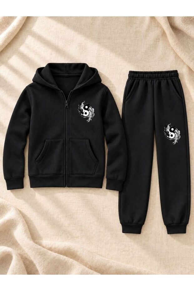 Busekids Unisex Sporty Printed Zipper Hooded Top and Bottom Set