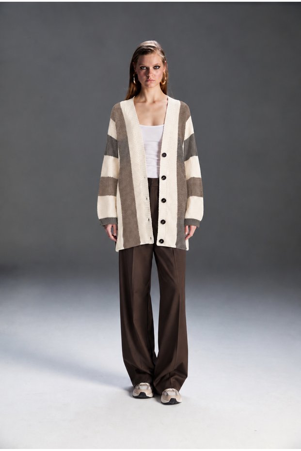 Women's Striped V-Neck Button-Front Oversized Long Knit Cardigan