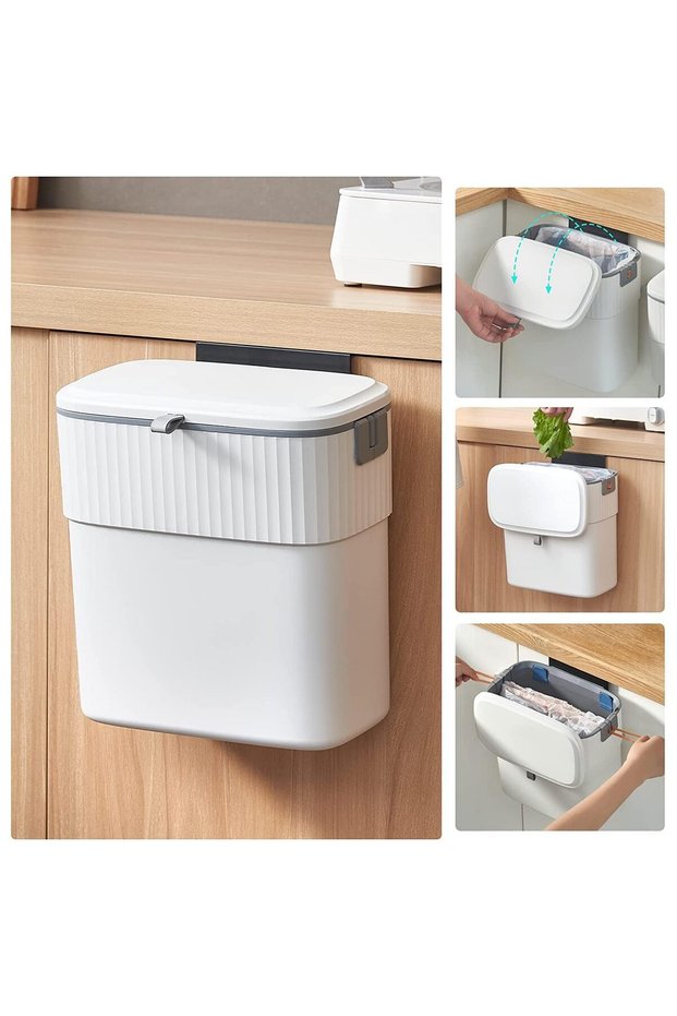 Hanging Trash Can with Lid, 9L Indoor Mountable Compost Bin with Drawstring, Under Sink Plas