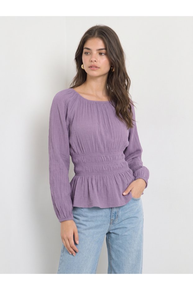 Lilac Long Sleeve Smocked Waist Blouse