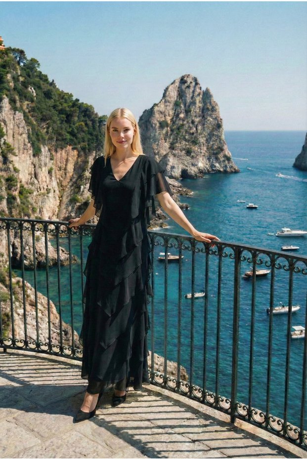 Samara Off-The-Shoulder Flounce Long Evening Dress Chiffon Invitation and Wedding Party Dress