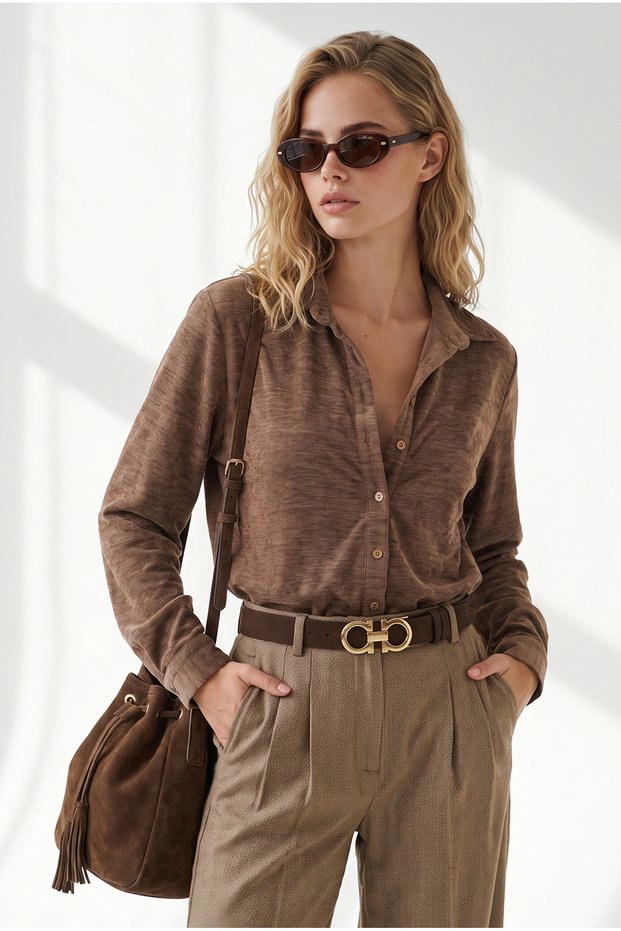 Women's Camel-Colored Mottled Thick Velvet Shirt GML-19001465