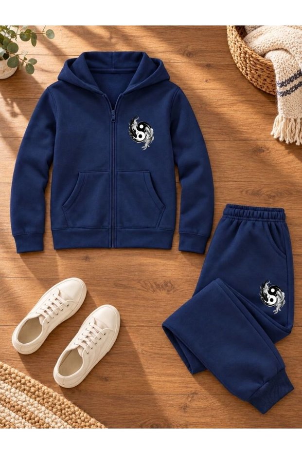 Busekids Unisex Sporty Printed Zipper Hooded Top and Bottom Set