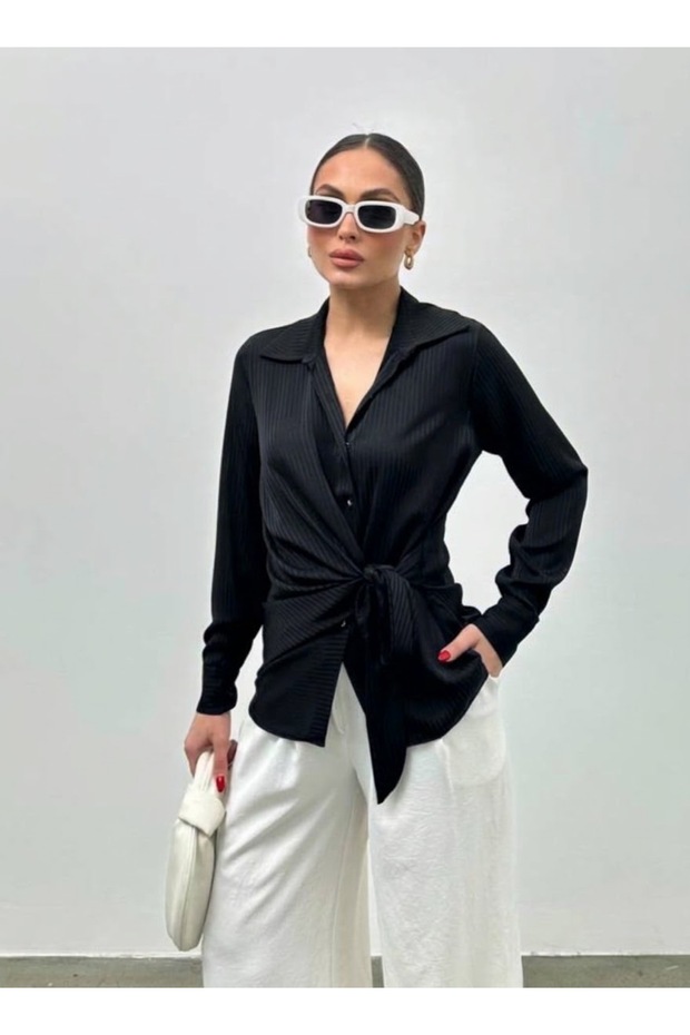 Side-Tie Self-Striped Satin Blouse (Available in a wide range of sizes.)